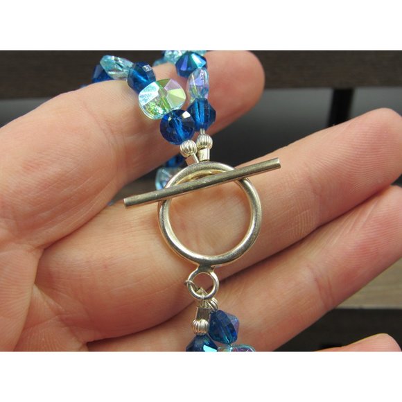 7" Sterling Silver Two Strings Of Blue Crystals Bracelet Vintage Elegant - Picture 3 of 5
